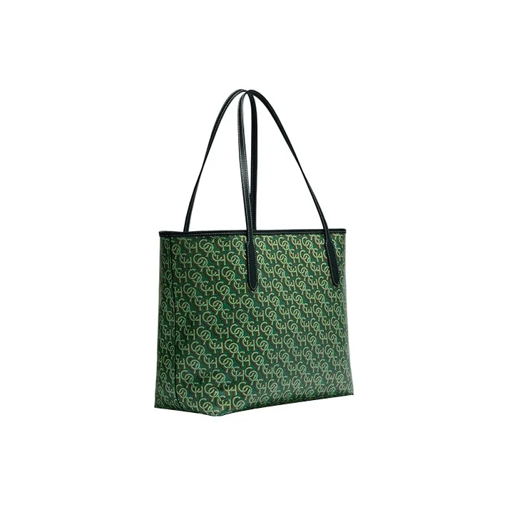 COACH City Printed Coated Canvas With Smooth Leather Tote Bag, Shopping Bag, Handbag, Shoulder Bag Women's Green-1