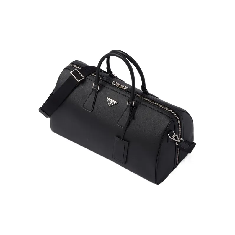 PRADA Symbol Cross-Stitch Leather Handbag Shoulder Bag Crossbody Bag Travel Bag Men's Black-1