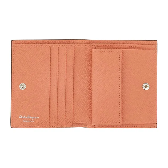 FERRAGAMO GANCINI Hammered Texture Calfskin Wallet Women's Coral Orange-3