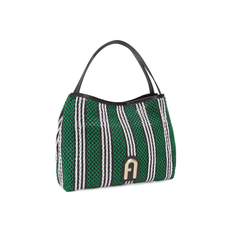 Furla Primula Fabric Hobo Bag Watermelon Handbag Shoulder Bag Large Size Women's Green & Black White Stripes-1