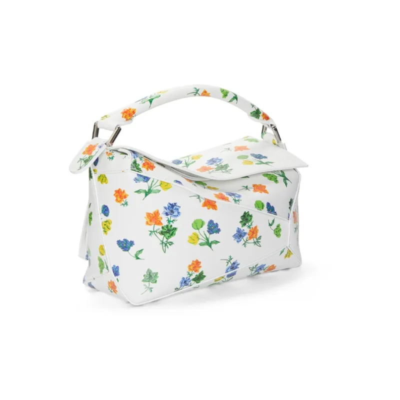 LOEWE Puzzle Satin Calfskin Shoulder Bag Crossbody Bag Handbag Small Size Women's White/Multicolor-1