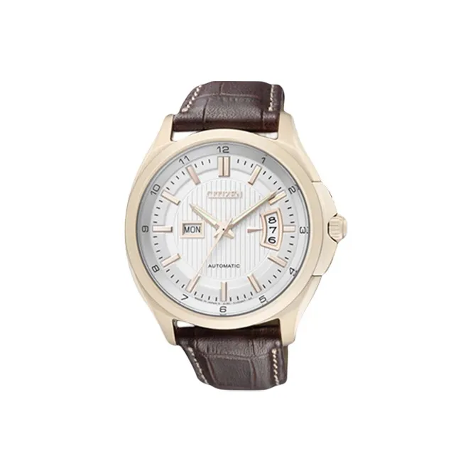 CITIZEN Automatic Mechanical Movement Cow Leather Strap Watch Men's Watches White Dial-0