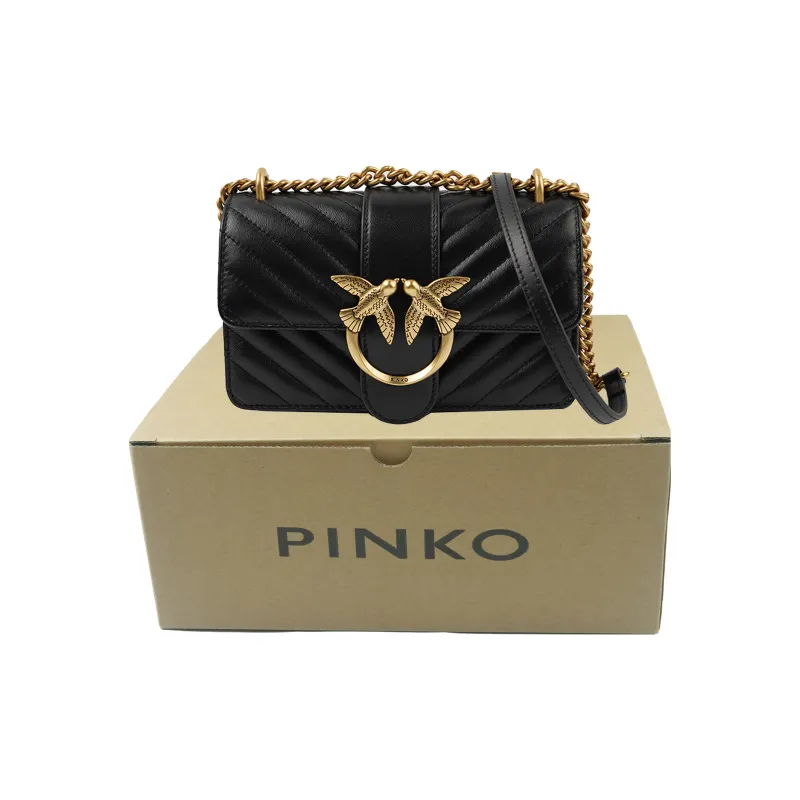 PINKO Quilt Sheepskin Swallow Bag, Shoulder Bag, Crossbody Bag Mini Women's Black/Black Gold-7