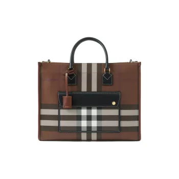 Burberry Plaid Patchwork Leather Tote Bag Shopping Bag Handbag Medium Size Women's Dark Birch Brown