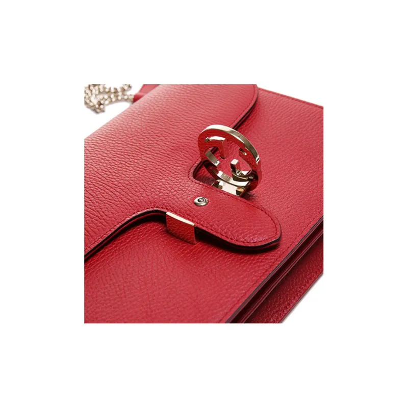 GUCCI Litchi Grain Leather Messenger Bag Wind Chime Bag Crossbody Bag Shoulder Bag Women's Red-4
