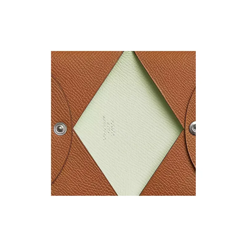 HERMES Calvi Cow Leather Wallets Card Holders Women's Gold Brown/Bubble Green-2