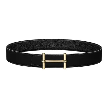 HERMES H D'Ancre Fashion Trend Elegant Gold Buckle Togo Calfskin Double Sided Leather Belt Men's Black Width 3.8cm