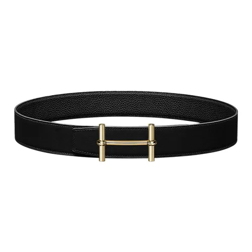 HERMES H D'Ancre Fashion Trend Elegant Gold Buckle Togo Calfskin Double Sided Leather Belt Men's Black Width 3.8cm