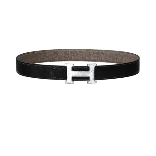 HERMES H Martelee Popular Silver Buckle Togo Calfskin Double Sided Leather Belt Men's Black Width 3.2cm