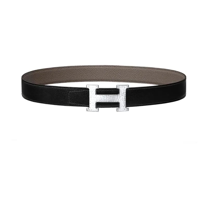 HERMES H Martelee Popular Silver Buckle Togo Calfskin Double Sided Leather Belt Men's Black Width 3.2cm-0