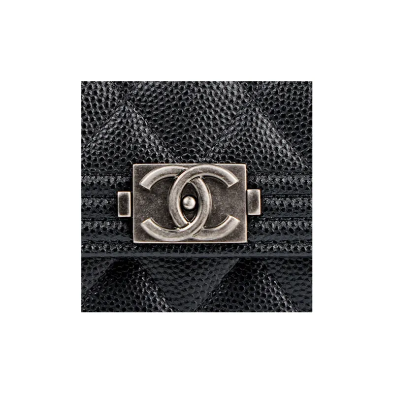 CHANEL LEBOY Litchi Skin Mouth Cover Wallet Card Holder Women's Black-3