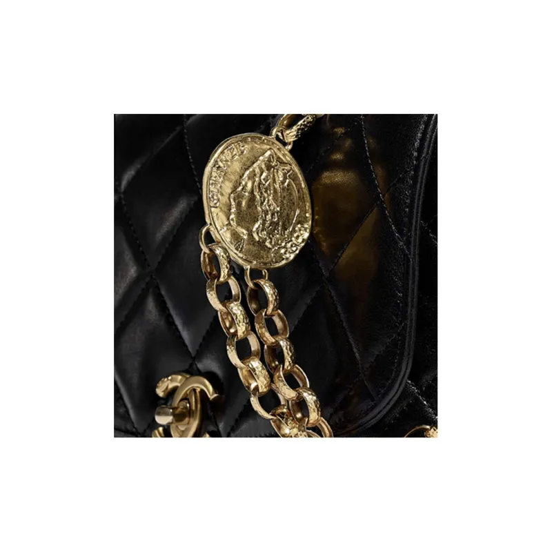 CHANEL Sheepskin Gold Coin Bag, Crossbody Bag, Shoulder Bag Women's Black-3