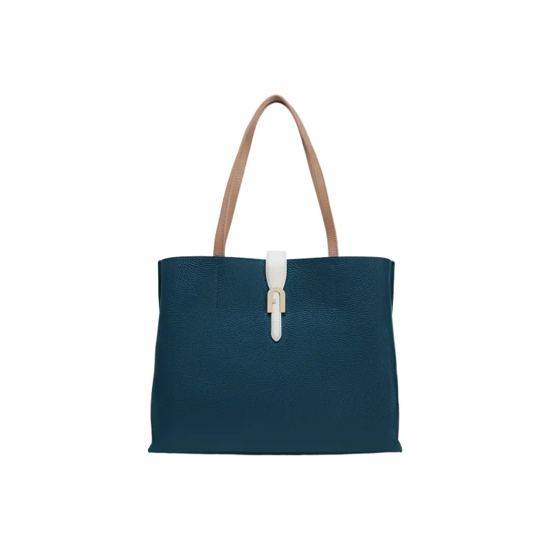 Furla Sofia Collection Leather Tote Bag Shopping Bag Shoulder Bag Handbag Large Size Women's Marine Blue & Brown-0