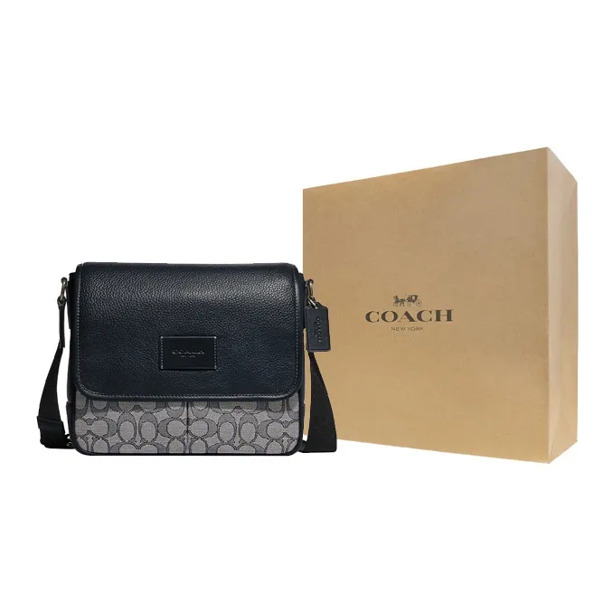 COACH Map Cow Leather Patchwork With Fabric Shoulder Bag Crossbody Bag Medium Size Men's Midnight Blue & Gray-5