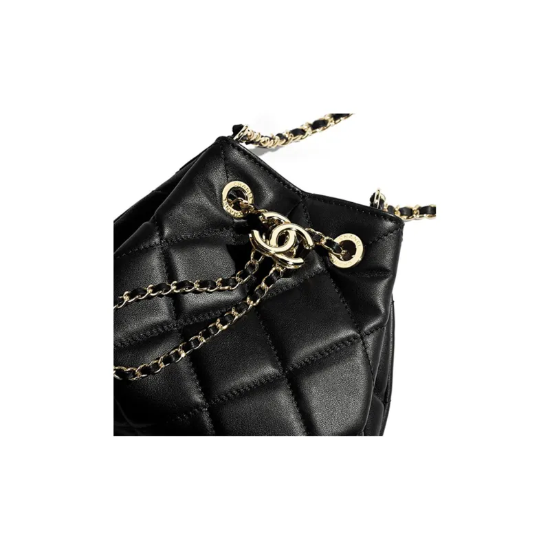 CHANEL Drawstring Sheepskin Drawstring Bag Metal Chain Bag Crossbody Bag Women's Black-3