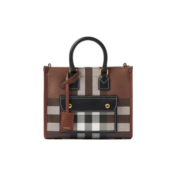 Burberry Plaid Patchwork Leather Tote Bag Shopping Bag Handbag Mini Women's Dark Birch Brown