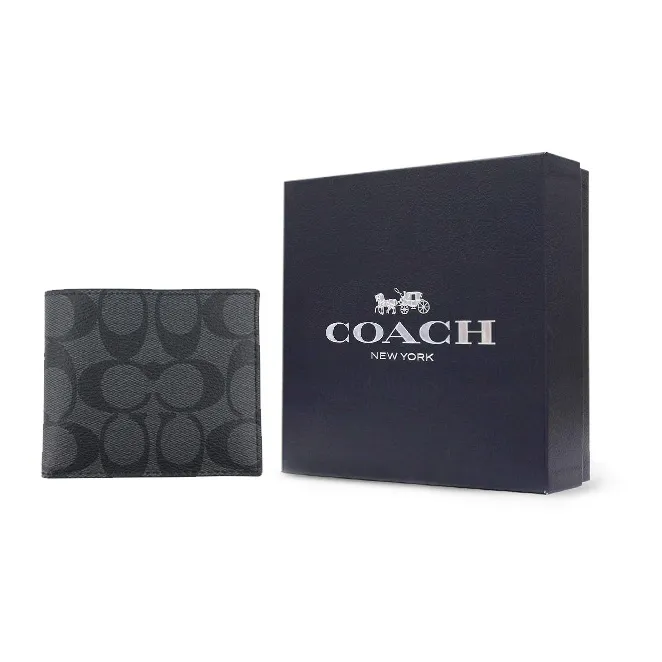 COACH Canvas With PVC Wallet Mini Men's Black Gray Color-6