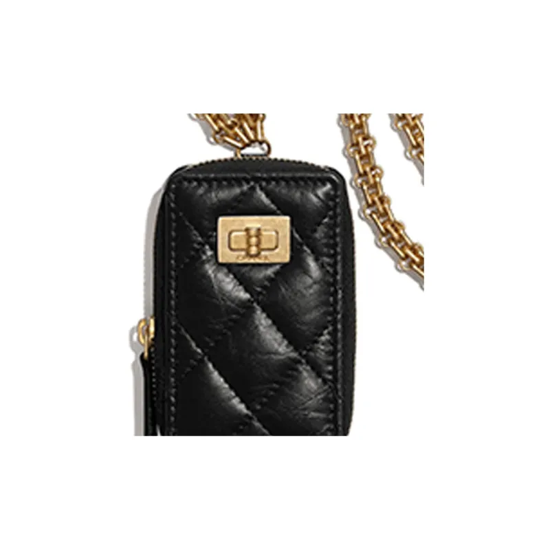 CHANEL 2.55 Cow Leather Slogan Bag Necklace Pouch Unisex Black-4