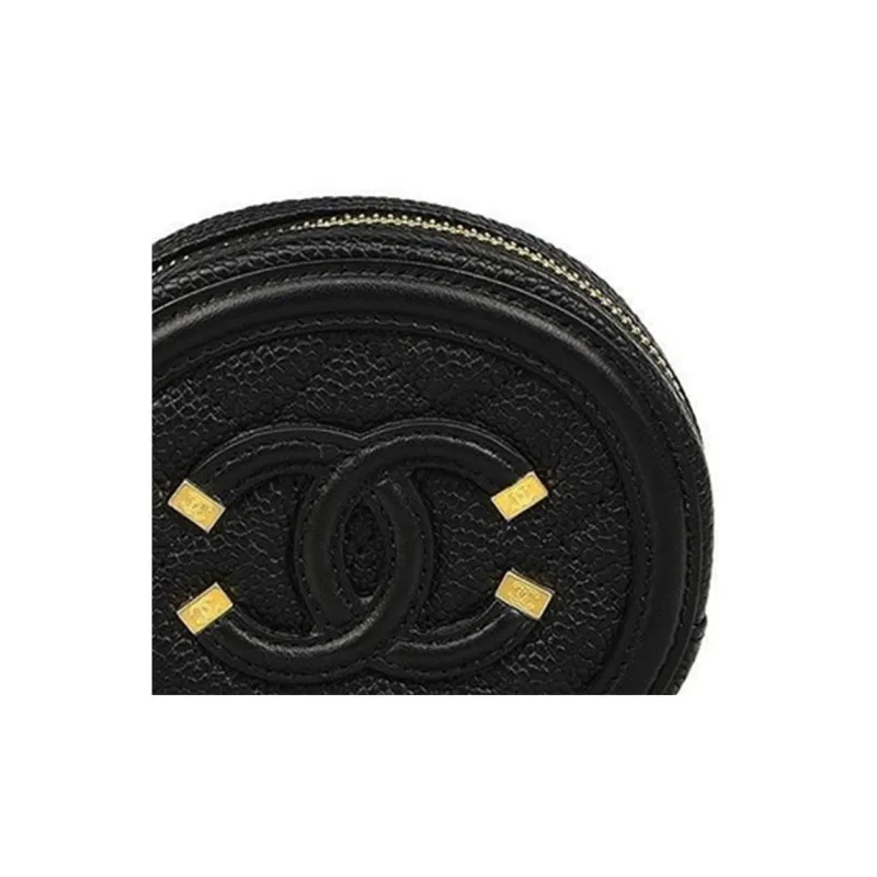 CHANEL Fish Eye Embossed Calfskin Round Zip Coin Purse Women's Black-3