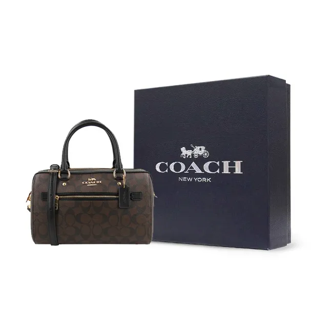 COACH Rowan Coated Canvas With Smooth Leather Boston Bag, Handbag, Shoulder Bag, Crossbody Bag Tubas Women's Dark Brown-8