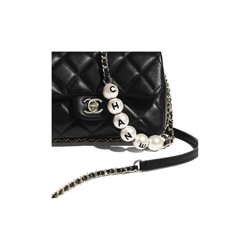 CHANEL Sheepskin Pearl Metal Shoulder Bag Trumpets Women's Black-3