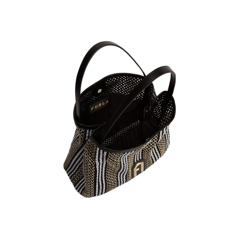 Furla Primula Fabric With Cow Leather Hobo Bag Watermelon Handbag Shoulder Bag Women's Yellow/Black/White Striped-3