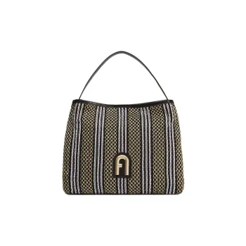 Furla Primula Fabric With Cow Leather Hobo Bag Watermelon Handbag Shoulder Bag Women's Yellow/Black/White Striped