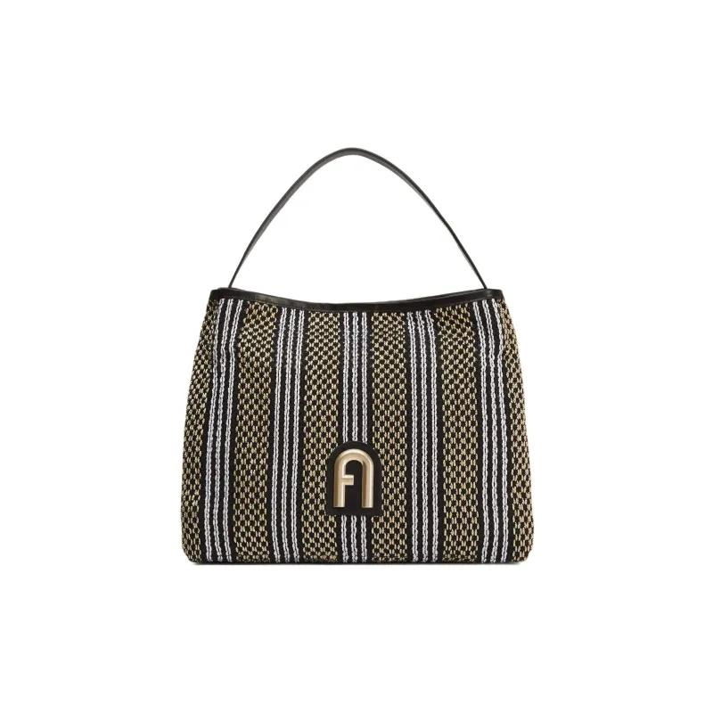 Furla Primula Fabric With Cow Leather Hobo Bag Watermelon Handbag Shoulder Bag Women's Yellow/Black/White Striped-0