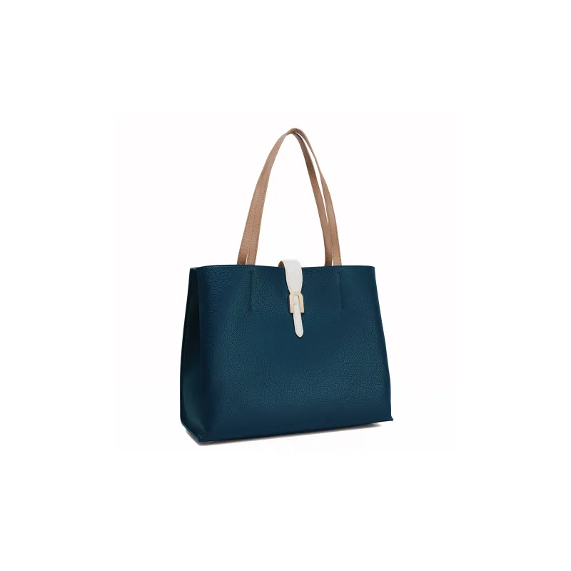 Furla Sofia Collection Leather Tote Bag Shopping Bag Shoulder Bag Handbag Large Size Women's Marine Blue & Brown-1