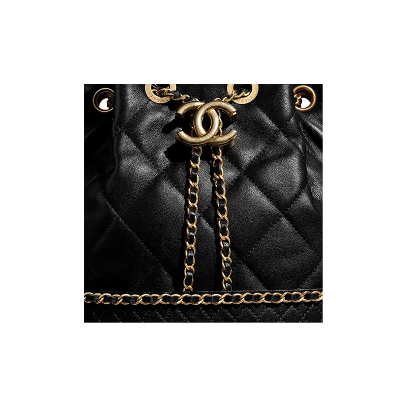 CHANEL Sheepskin Drawstring Bag, Bucket Bag, Shoulder Bag Tubas Women's Black-3