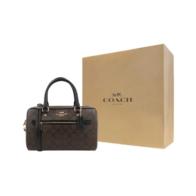 COACH Rowan Coated Canvas With Smooth Leather Boston Bag, Handbag, Shoulder Bag, Crossbody Bag Tubas Women's Dark Brown-9