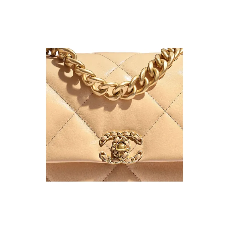 CHANEL 19Bag Shiny Goatskin Metal Flap Bag Handbag, Shoulder Bag, Crossbody Bag Women's Beige-3