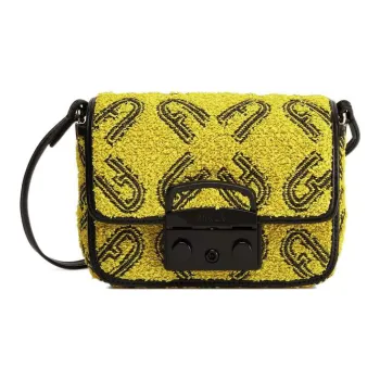 Furla Metropolis Collection Raffia Pig Nose Bag Crossbody Shoulder Bag Mini Women's Lemon & Black