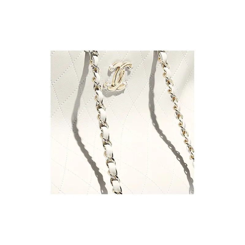 CHANEL Calfskin+Gold Metal Tote Bag, Shopping Bag, Shoulder Bag Women's White-3