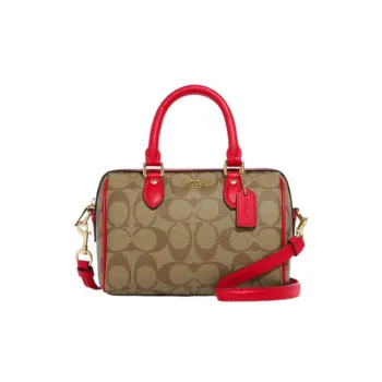 COACH Cow Leather One Shoulder Handbags Medium Size Women's Rose Red & Brown Monogram