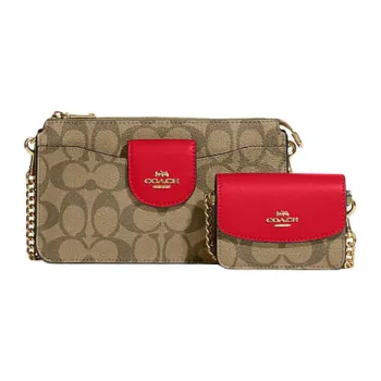 COACH POPPY Cow Leather Chain Bag Shoulder Bag Crossbody Bag Medium Size Women's Rose Red & Brown Monogram