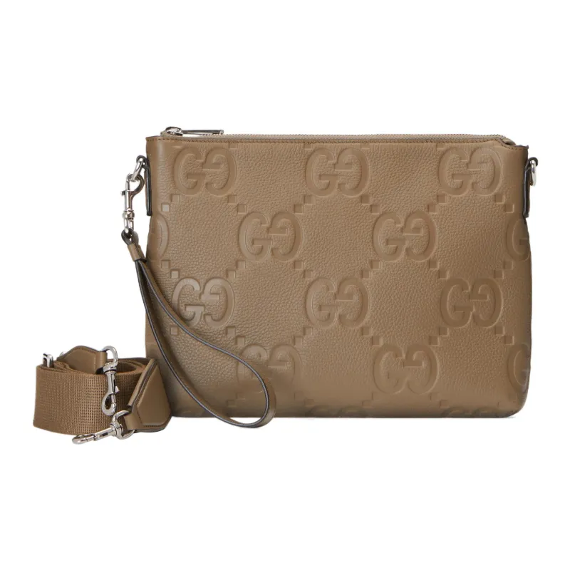 GUCCI Leather Messenger Bag, One Shoulder Crossbody Clutch Medium Size Men's Taupe-1
