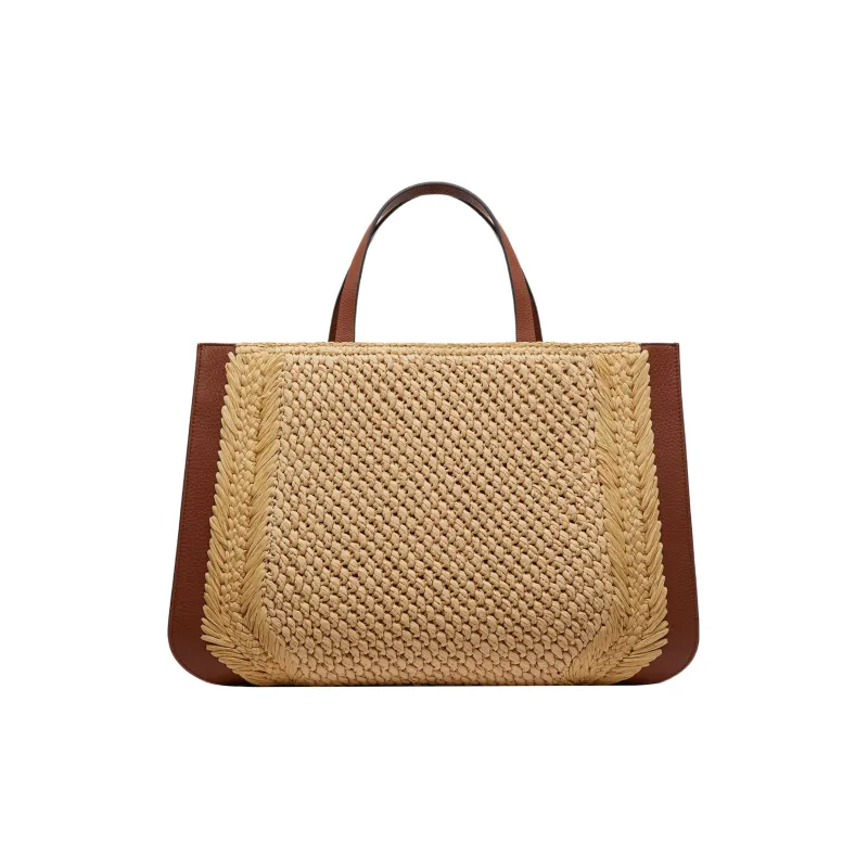 Valentino GARAVANIVlogo Raffia With Leather Handbag Women's Brown/Beige-3