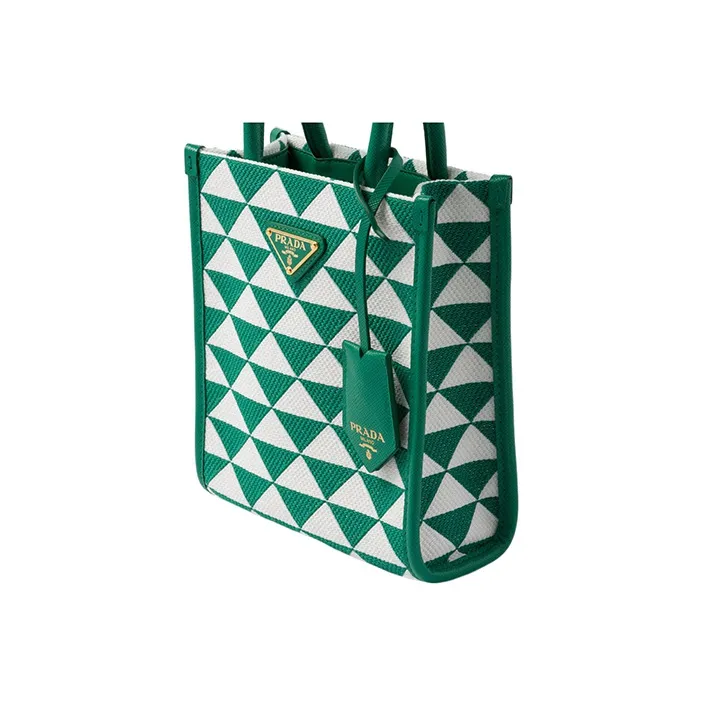 PRADA Symbole Fabric With Leather Tote Bag, Shopping Bag, Shoulder Bag, Crossbody Bag, Handbag Mini Women's Green/White-2