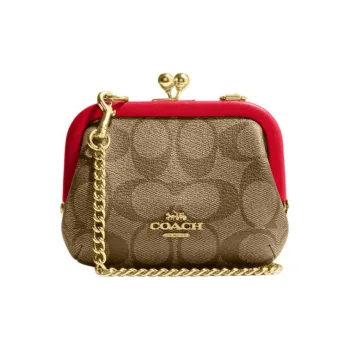 COACH Kisslock Canvas With Leather Shoulder Bag Crossbody Bag Card Holder Wallet Mini Women's Red & Brown