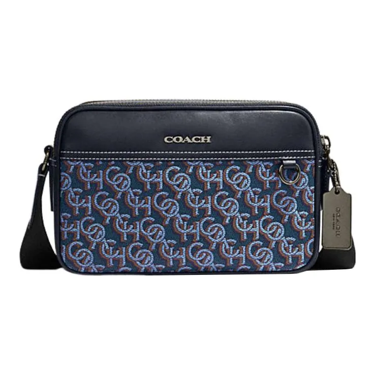 COACH Graham Coated Canvas Delicate Calf Leather Shoulder Bag Crossbody Bag Medium Size Men's Blue & Black-0