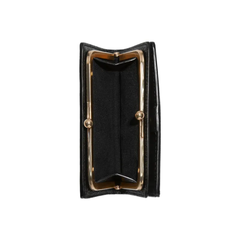 COACH Kisslock Leather With Pebbled Leather Wallet Medium Size Women's Black-2
