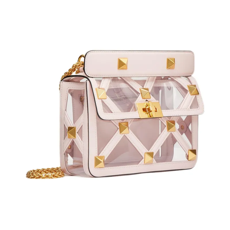 Valentino ROMAN STUD Leather Crossbody One Shoulder Handbag Medium Size Women's Transparent/Pink-1