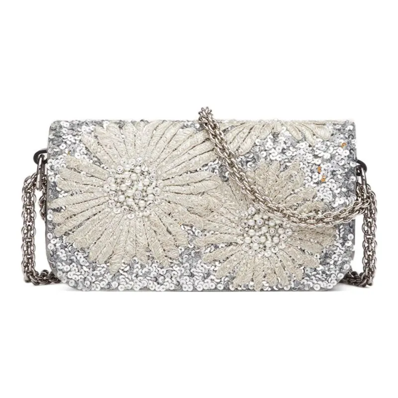 Valentino Locò Embroidery Portable Crossbody Bag Shoulder Bag Small Size Women's Silver-2