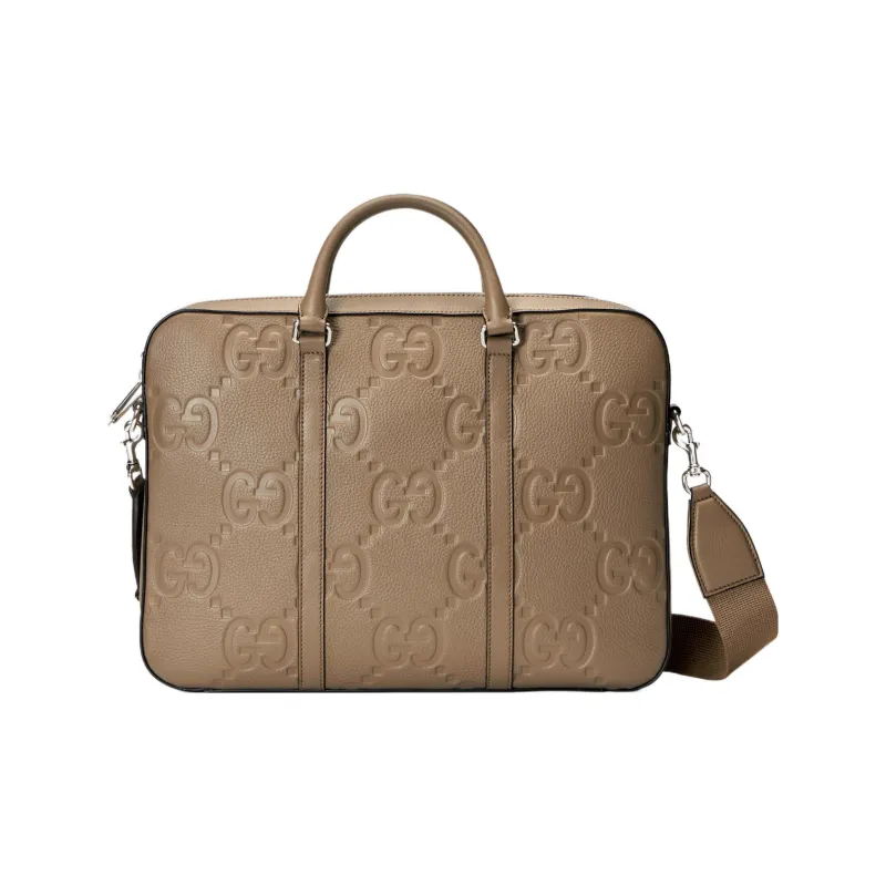 GUCCI Leather Briefcase Portable Crossbody Bag Shoulder Bag Large Size Men's Taupe-0