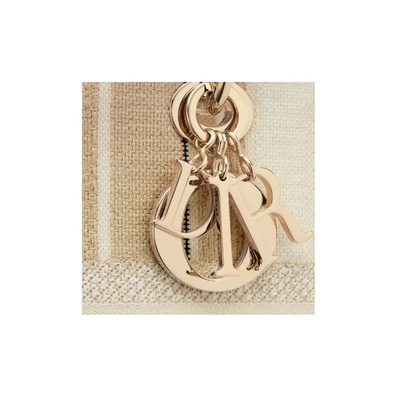 DIOR Lady Dior Striped Embroidered One Shoulder Handbags Medium Size Women's Beige-5