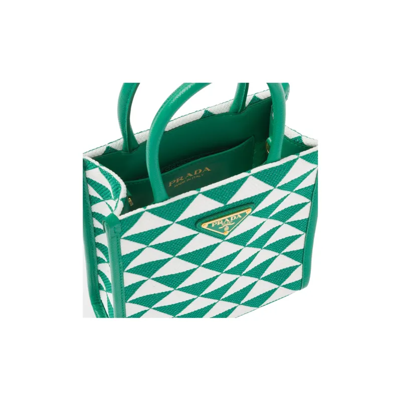 PRADA Symbole Fabric With Leather Tote Bag, Shopping Bag, Shoulder Bag, Crossbody Bag, Handbag Mini Women's Green/White-4