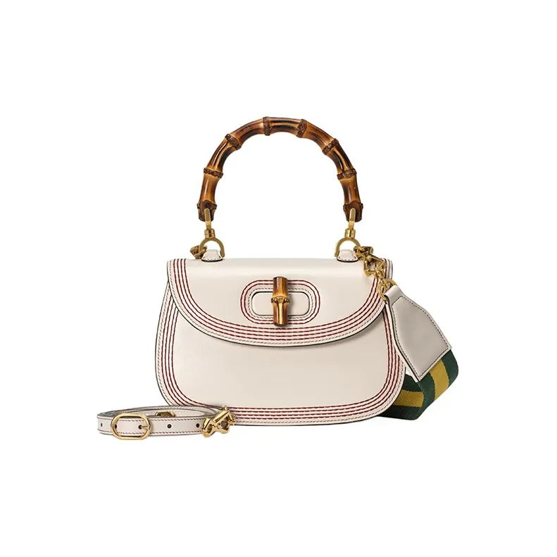 GUCCI Bamboo 1947 Leather Shoulder Bag Crossbody Bag Handbag Small Size Women's White-1