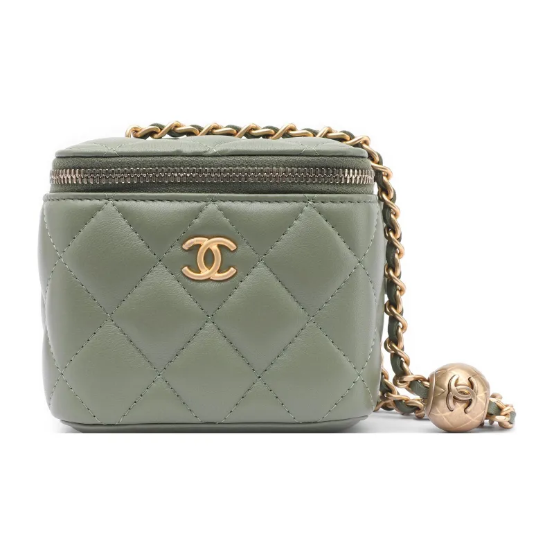 CHANEL Little Golden Ball Leather Box Bag, Makeup Bag, Shoulder Bag, Crossbody Bag Women's Green-2
