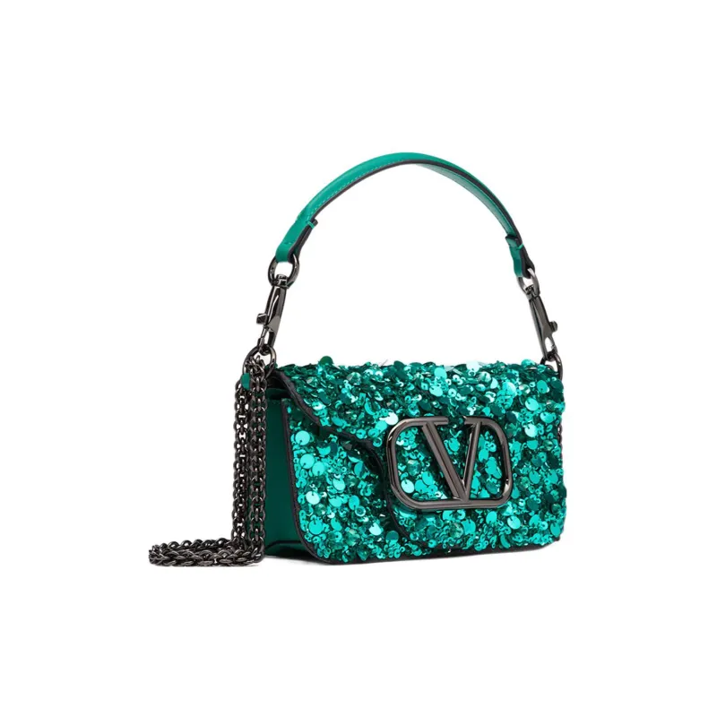 Valentino Locò Embroidered Patchwork Leather Trim Portable Crossbody Bag Shoulder Bag Small Size Women's Green-1